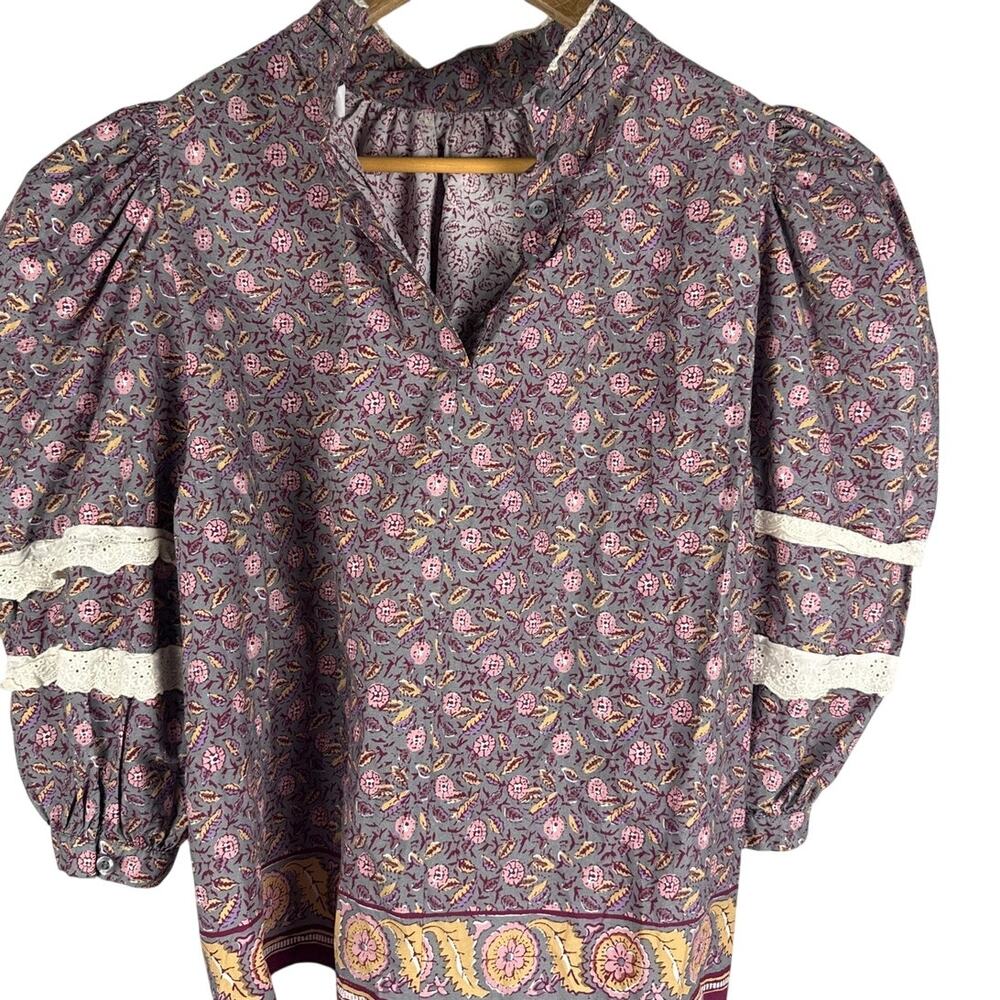 Hunter Bell Molly Blouse Puff Sleeve Printed Poplin Cotton Size Large - Picture 6 of 10